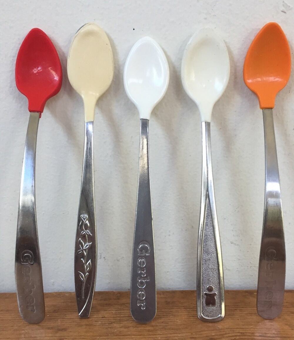 Set of 5 Vintage Gerber Stainless Colorful Baby Kids Infant Feeding Spoons 5.5"